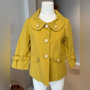NWT Hazel Mustard Yellow 3/4 Sleeve Peacoat w/ Peter Pan Collar & Floral Buttons